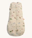 Product shot of ergoPouch Cocoon Swaddle Bag featuring Safari animal prints and a front zipper.