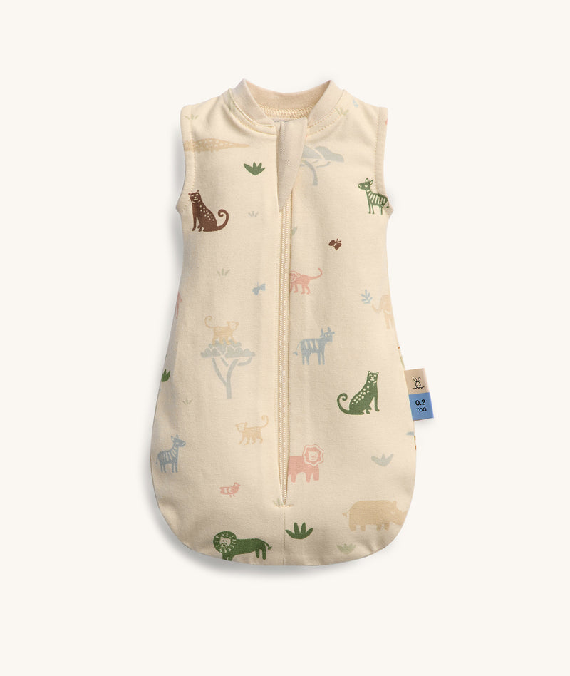 ergoPouch Doll Sleeping Bag Savannah, featuring colourful safari animal print.