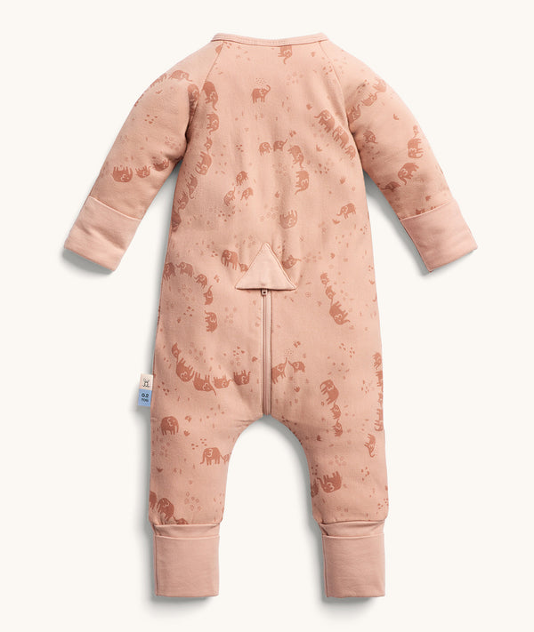 Back view of the ergoPouch Long Sleeve Layer, featuring hand and foot cuffs, along with a back zipper for easy diaper changes.
