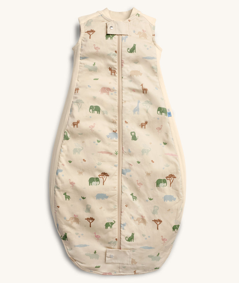 ergoPouch Premium Sleeping Bag 0.3 TOG in Savannah, featuring front zipper and safari animal print.