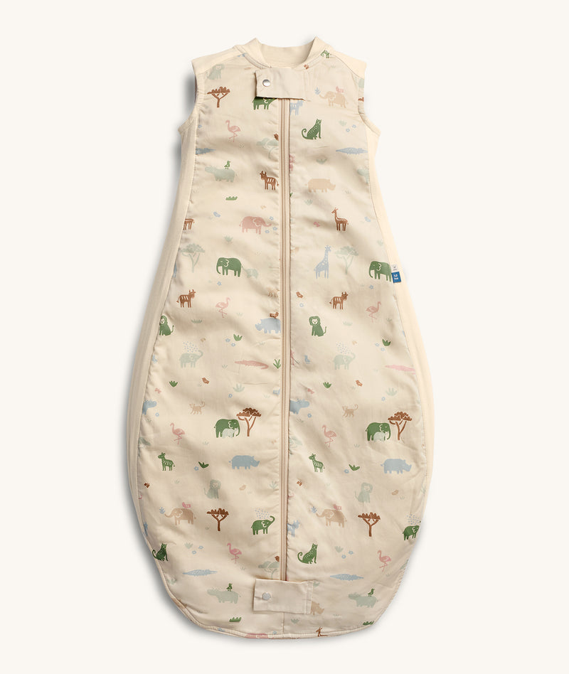 ergoPouch Premium Sleeping Bag 1.0 TOG in Savannah, featuring front zipper and safari animal print.