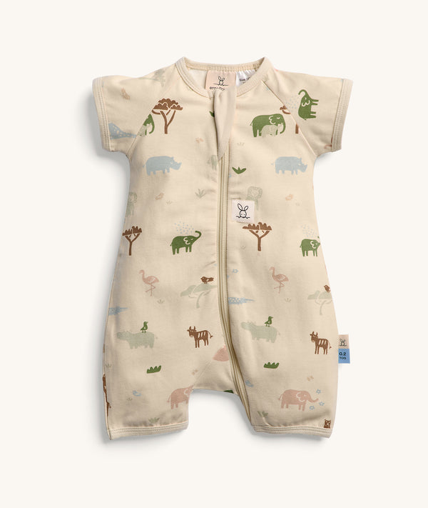ergoPouch Short Sleeve Layer in Savannah, featuring safari animal print and a front zipper.