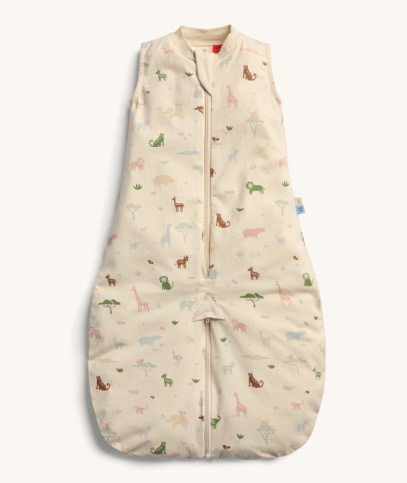 ergoPouch 0.2 TOG Sleep Suit Bag with colourful safari animal print