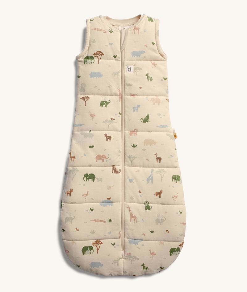 ergoPouch Sleeping Bag 2.5 TOG Savannah, featuring cute animal prints, front zipper and a cozy, padded design.