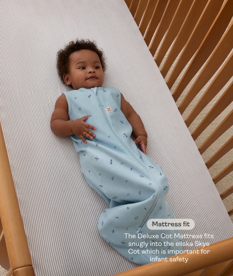 Child wrapped in a light blue cocoon swaddle lying on a cot with text about mattress fit.