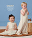 Two toddlers wearing cream convertible sleep suit bag, demonstrating the bag mode on the left and separate legs mode on the right with text highlighting 