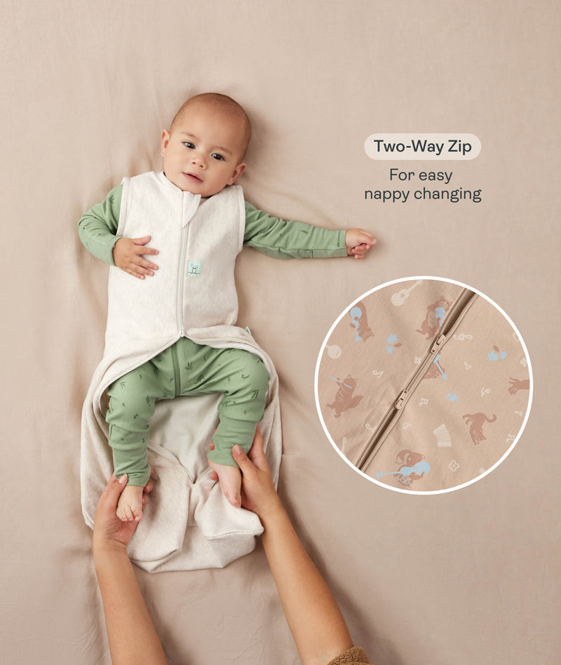 A baby lying down in a green long sleeve layer with an unzipped beige sleeping bag while adult hands hold their feet. Text highlighting 