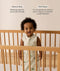 A toddler standing inside a light wooden cot wearing an animal-patterned 1.0 TOG Sleeping Bag, accompanied by product feature callouts for 