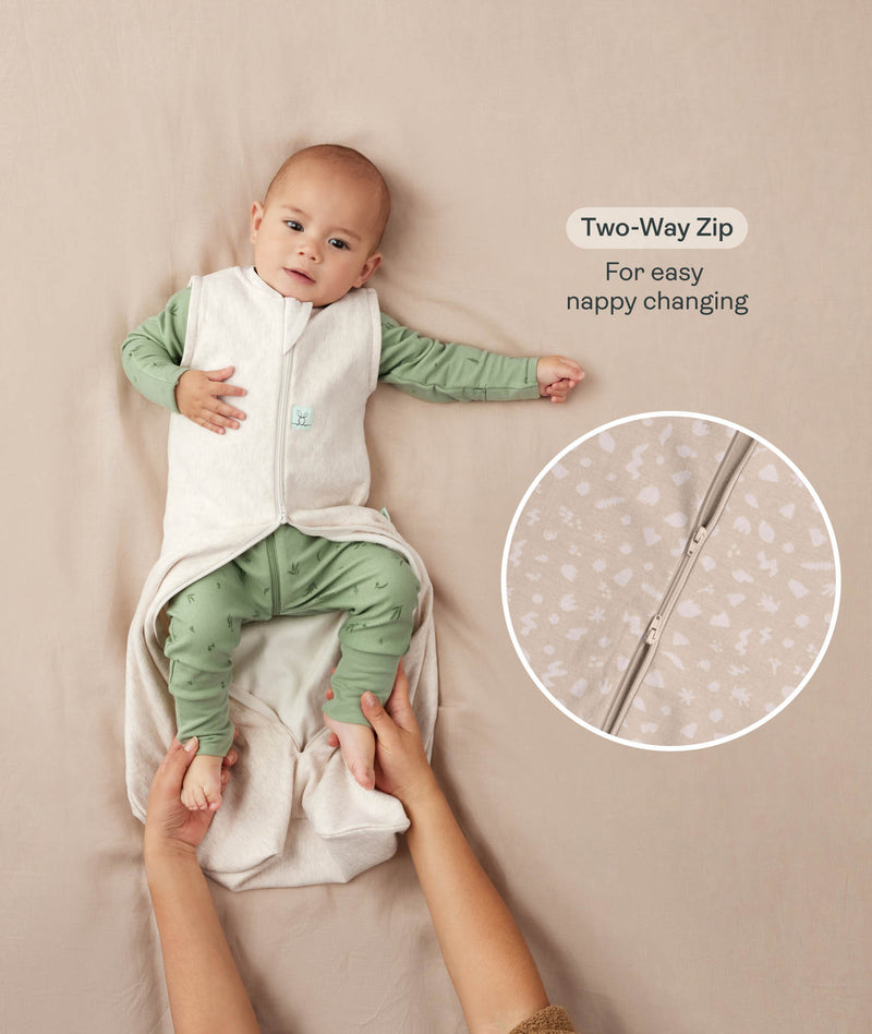 A baby lying down in a green long sleeve layer with an unzipped beige sleeping bag while adult hands hold their feet. Text highlighting 