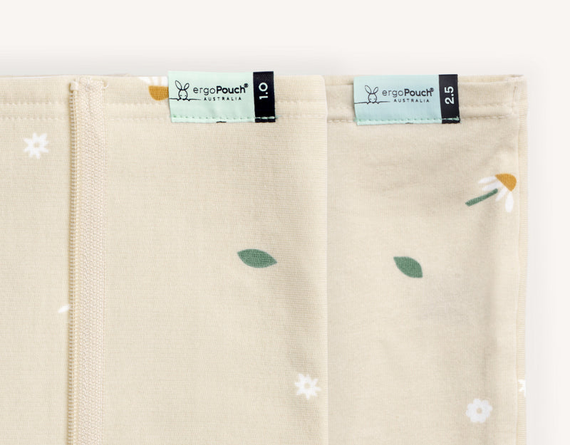 Close-up view of the ergoPouch HugMe blanket, displaying the 1.0 and 2.5 TOG ratings, which can be used for  different room temperatures.