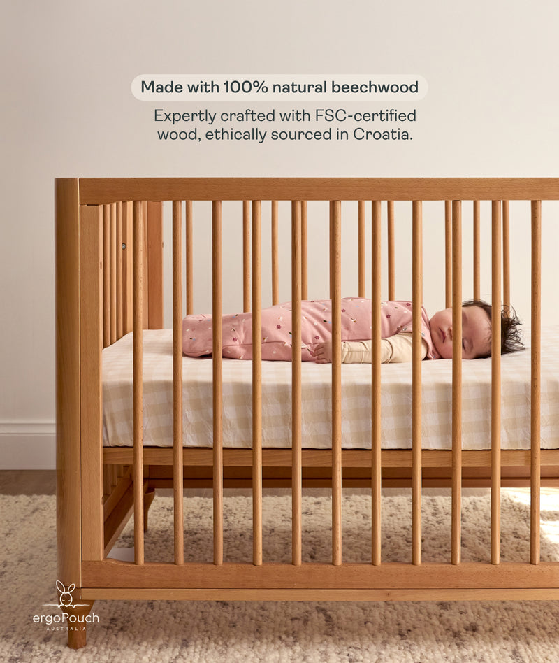 Lyra Convertible Cot feature. Made with 100% natural beechwood