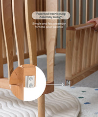 Wooden cot with interlocking design feature and text about assembly simplicity.