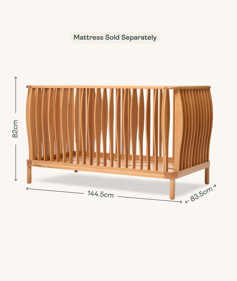 Wooden cot with dimensions on a white background