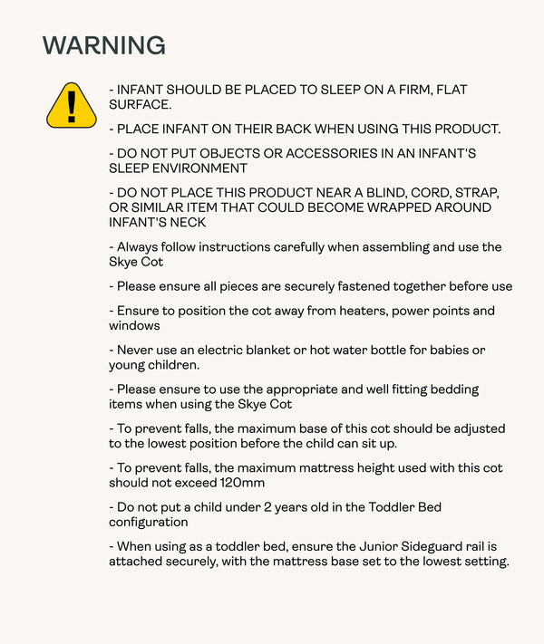 Safety warning label for skye cot