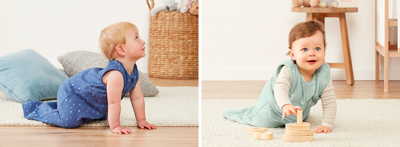 Two babies wearing the ergoPouch Jersey Sleep Bag for babies to enjoy arms-out comfort.
