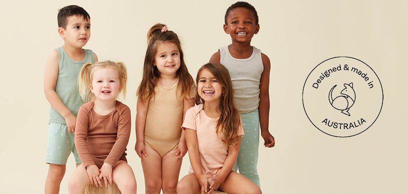 Toddlers and kids wearing ergoPouch bodywear, designed and made in Australia