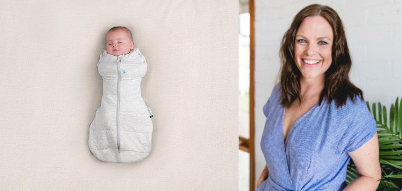 Author Steph Gouin next to baby sleeping in an ergoPouch Cocoon Swaddle Bag