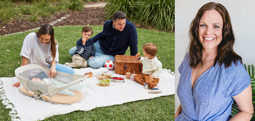 Author Steph Gouin, a qualified Baby and Child Sleep Consultant, next to family enjoying a picnic outdoors with a baby and two children