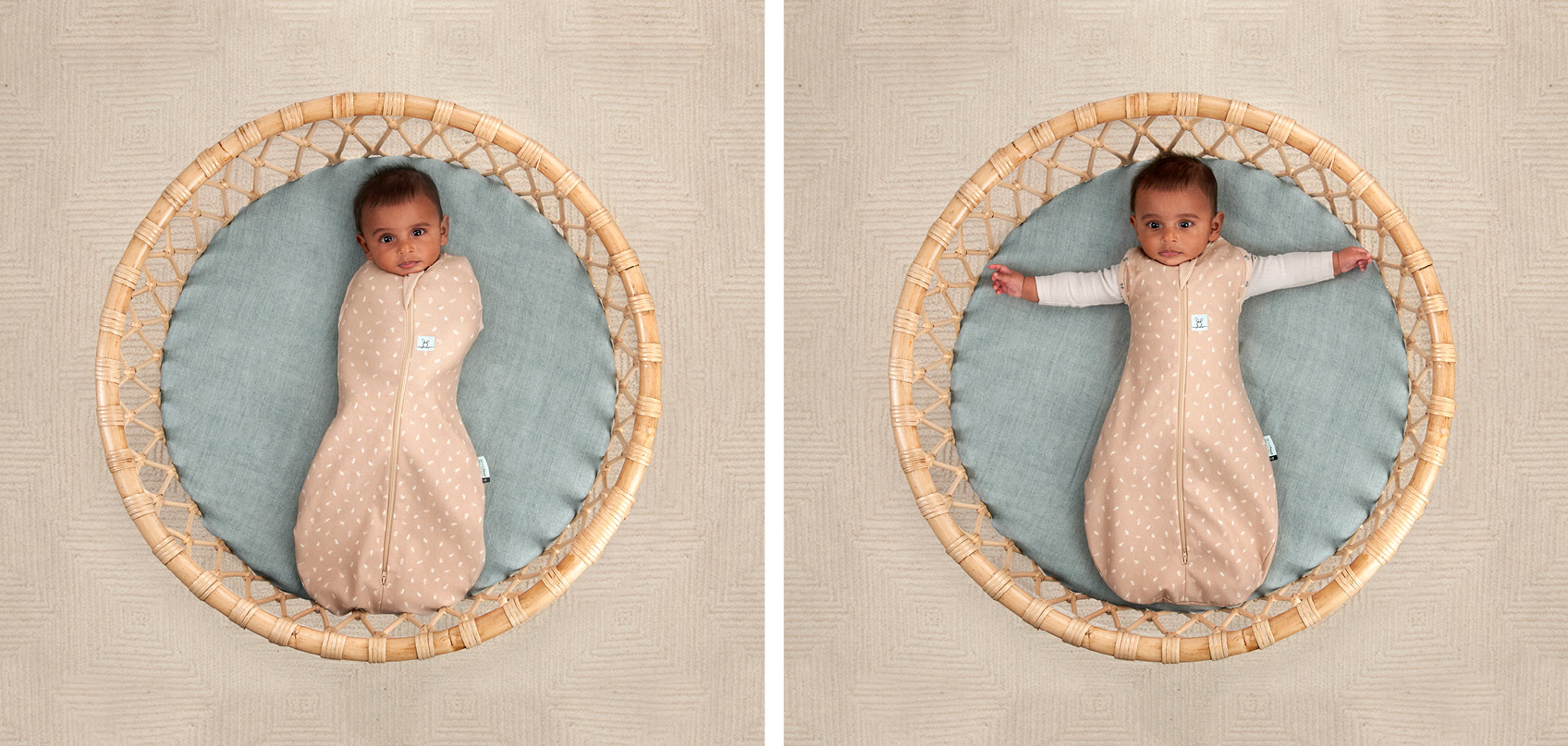 Two images of the same baby in the 1.0 TOG Cocoon Swaddle Bag in Acorn.