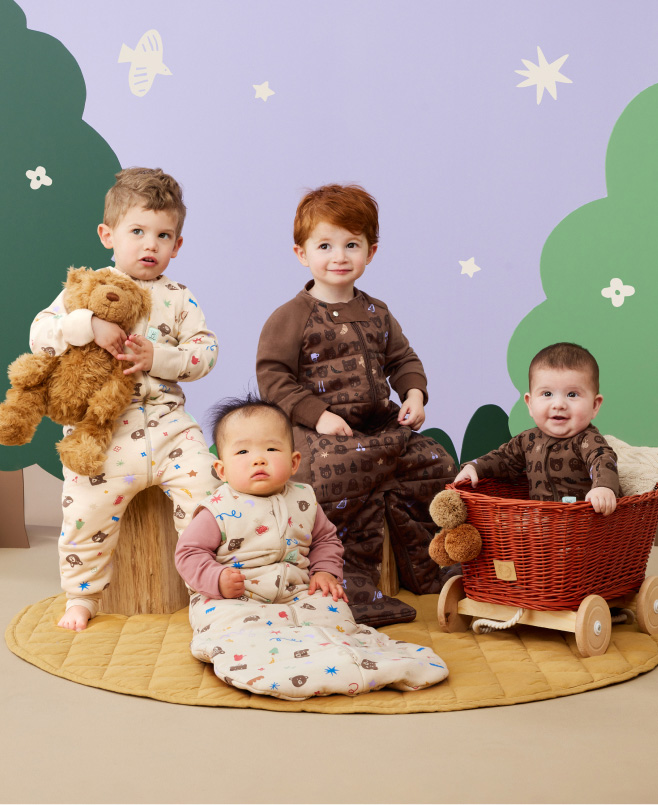 Babies, toddlers and preschoolers wearing ergoPouch Teddy Bear collection sleepwear