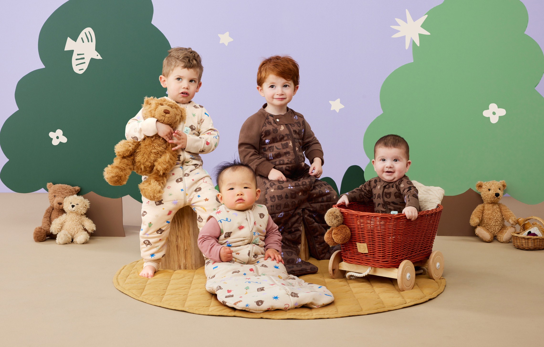 Babies, toddlers and preschoolers wearing ergoPouch Teddy Bear collection sleepwear