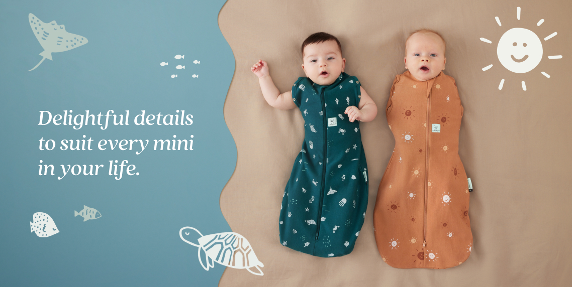 Two infants wearing our Sunny and Ocean prints