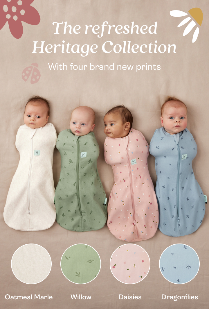 Four infants wearing our Cocoon Swaddle Bags in new heritage prints