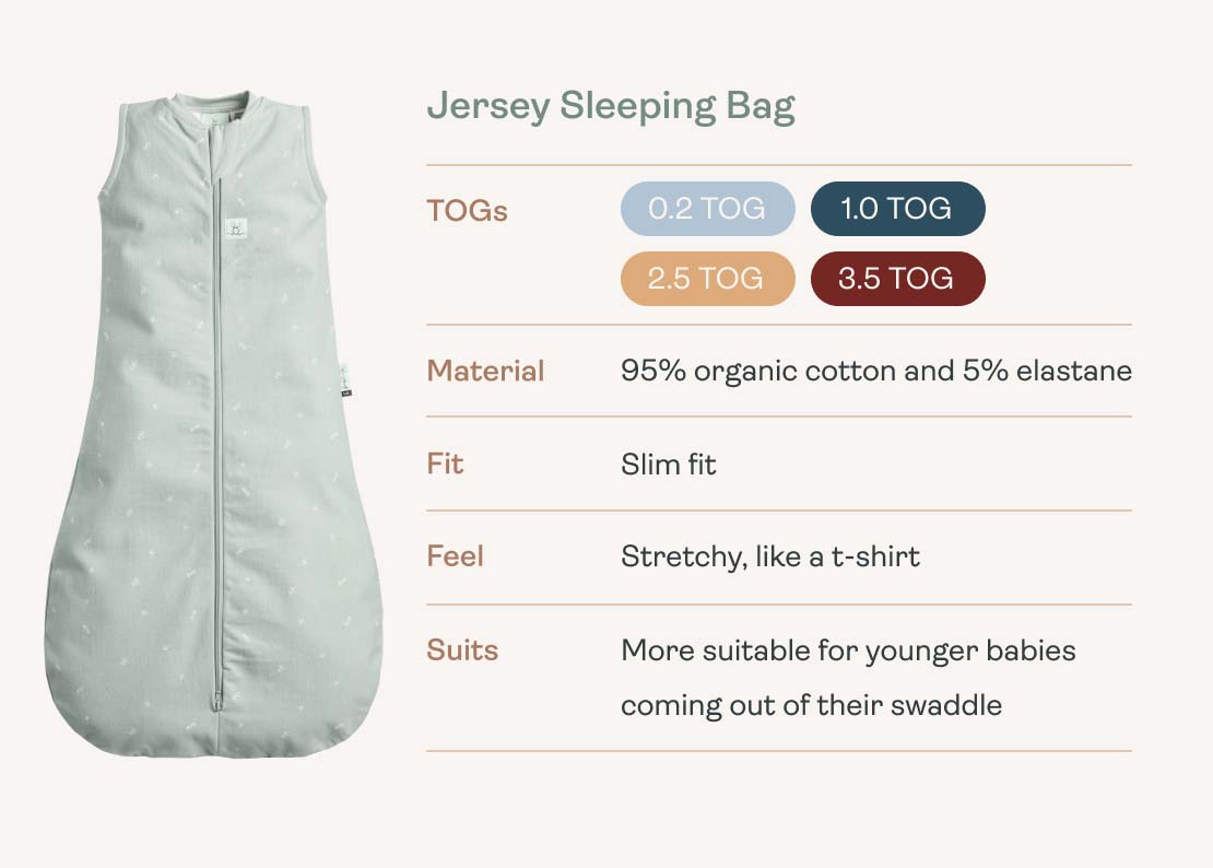 Jersey Sleeping Bag. TOGs: 0.2 TOG, 1.0 TOG, 2.5 TOG, 3.5 TOG. Material: 95% organic cotton and 5% elastane. Fit: Slim fit. Feel: Stretchy, like a t-shirt. Suits: More suitable for younger babies coming out of their swaddle.
