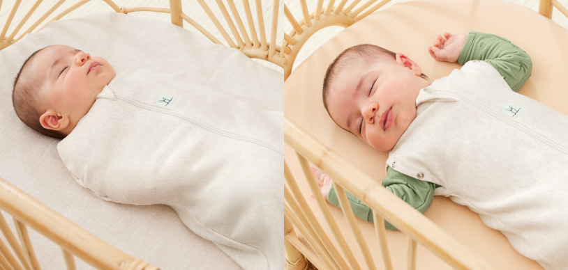 Our Cocoon Swaddle Bags are designed for arms in and arms out sleeping