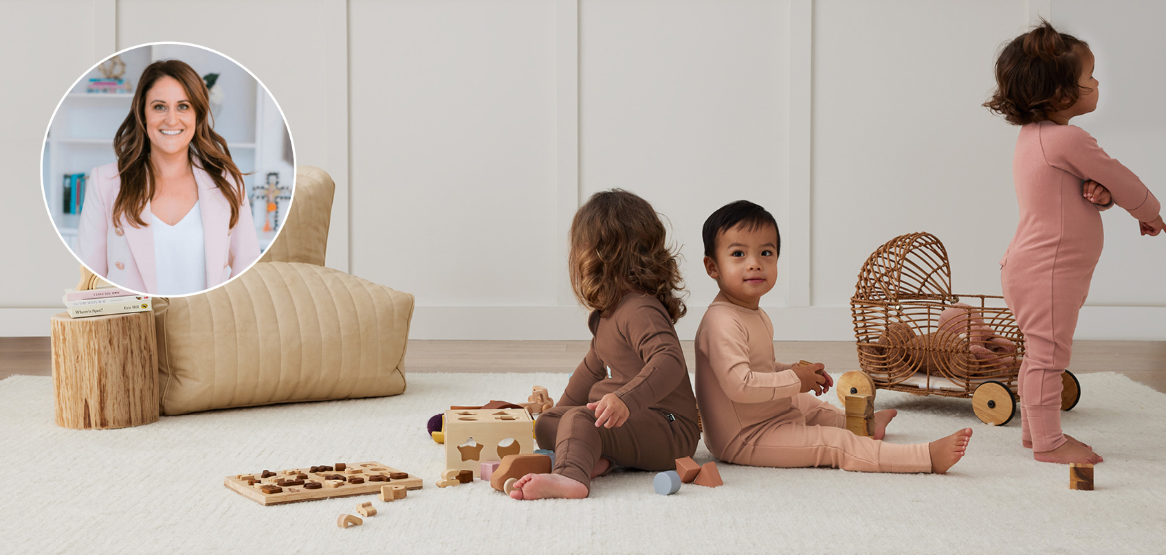 oddler and preschooler kids wearing ergoPouch sleepwear next to paediatric psychologist Amanda Abel