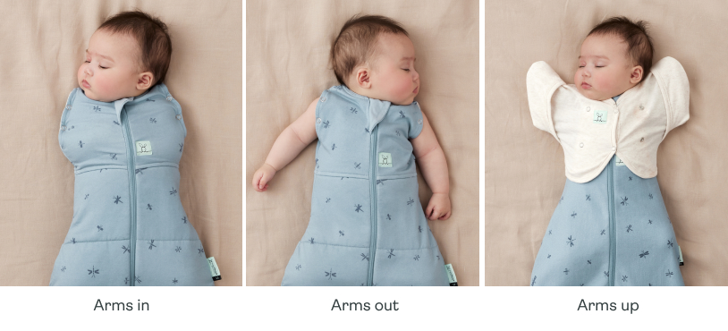 Three newborn sleeping positions: arms in, arms up and arms out