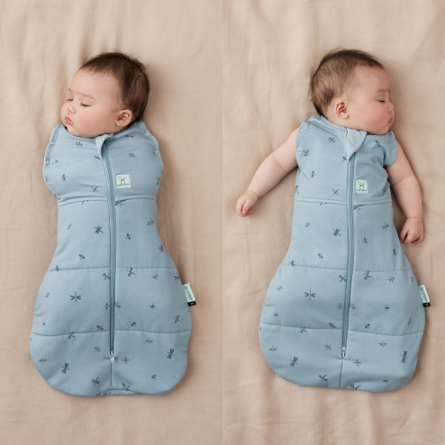 Split image showing newborn sleeping swaddled with arms in and newborn sleeping arms out in sleeping bag